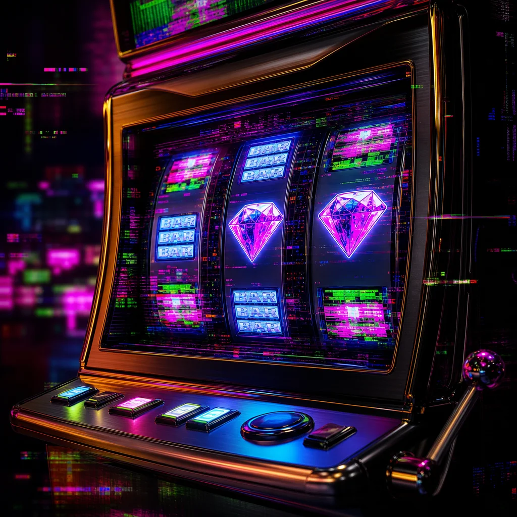 Premium slot machine reels with neon glitch lighting